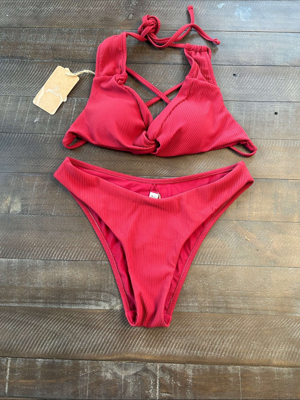 Ribbed Crimson Halter Bikini Set - Adjustable Tie Top & Classic Bottom